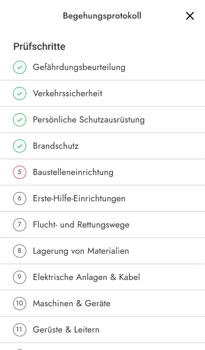 Übersicht eines digitalen Sicherheitsprotokolls mit geprüften und offenen Prüfschritten zur Analyse von Sicherheitsentwicklungen.