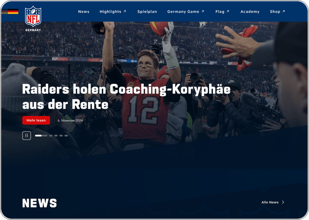 Startseite der NFL-Germany-Plattform mit prominentem News-Artikel und weiteren aktuellen Beiträgen