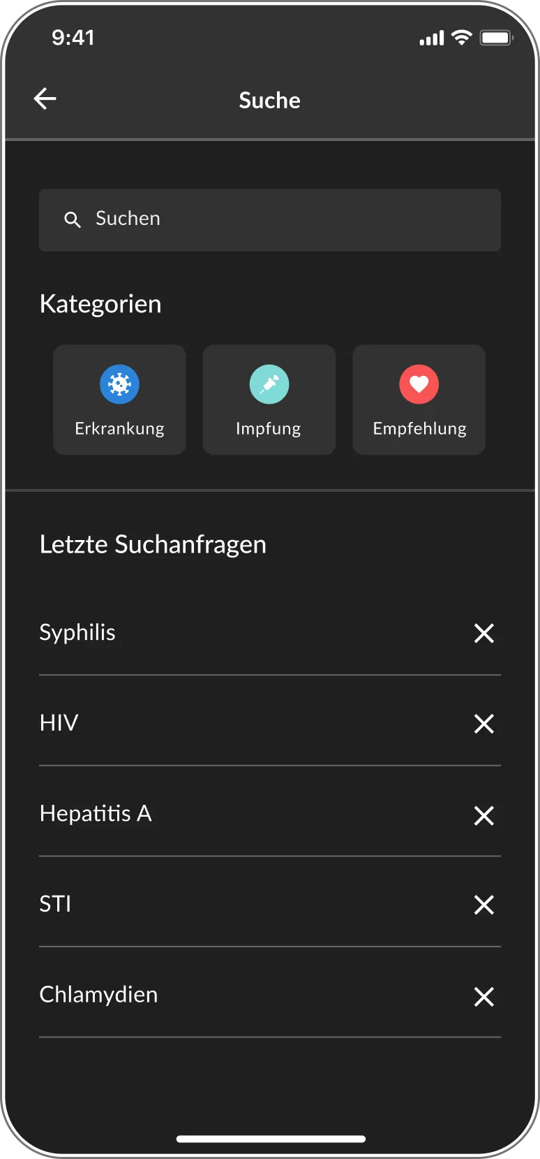 Suchansicht der DSTIG-App mit Kategorien und zuletzt gesuchten Begriffen.