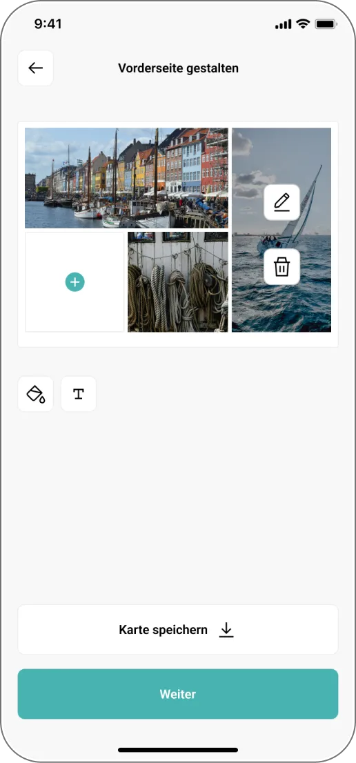 Gestaltungsansicht der Kartenfront, in der Bilder zu einer individuellen Collage angeordnet werden.