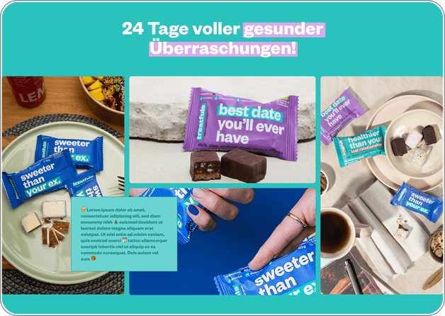 Bildcollage aus Produktaufnahmen und Alltagsszenen, die Genuss, Nutzung und Markenwelt von Treatfuls zeigt.