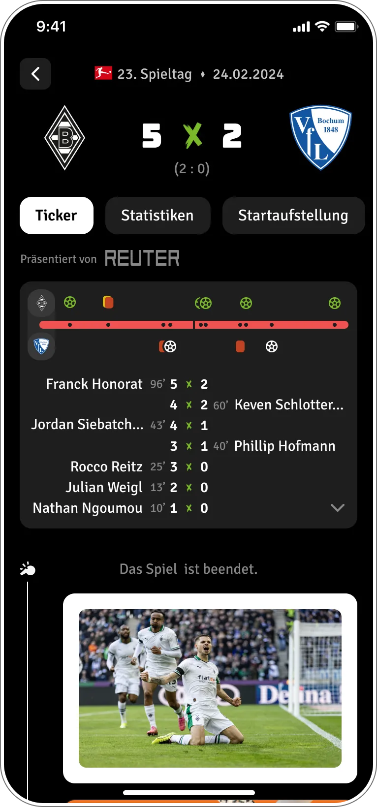 Ticker-Ansicht eines abgeschlossenen Spiels in der Fohlen-App mit chronologischem Überblick über Spielereignisse.
