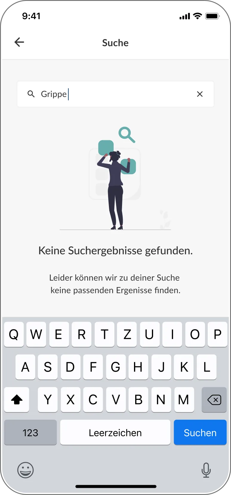 Aktive Sucheingabe in der DSTIG-App mit Tastatur und Anzeige eines Suchergebnisses.